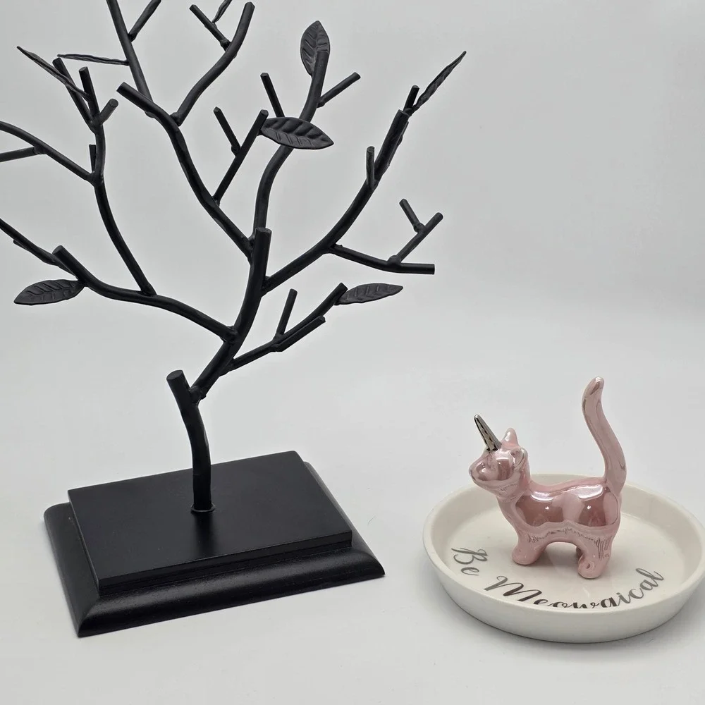 Jewelry Organizer Set Black Tree + Pink Cat Unicorn Dish Bundle‎ Whimsical Girly